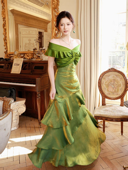 Modest Mermaid Off The Shoulder Dark Green With Short Sleeves Long Formal Gowns Prom Dresses N2067