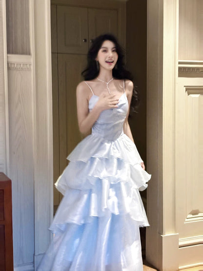 Simple A Line Spaghetti Straps Blue Inspiration Long Wedding Party Guest Dresses N2065