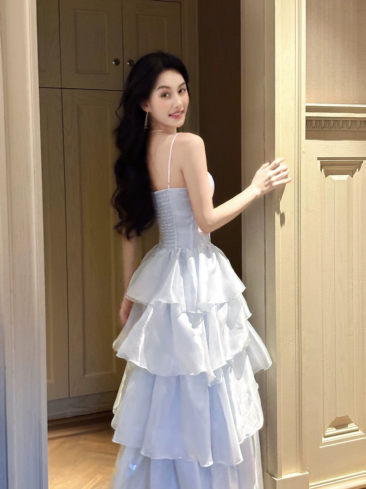Simple A Line Spaghetti Straps Blue Inspiration Long Wedding Party Guest Dresses N2065