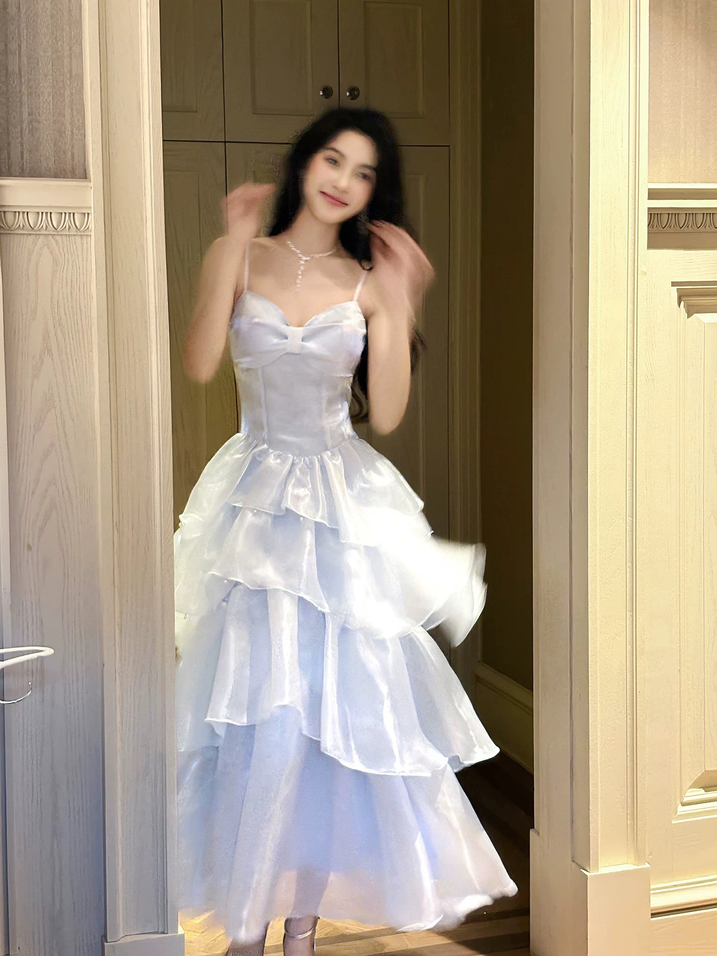 Simple A Line Spaghetti Straps Blue Inspiration Long Wedding Party Guest Dresses N2065
