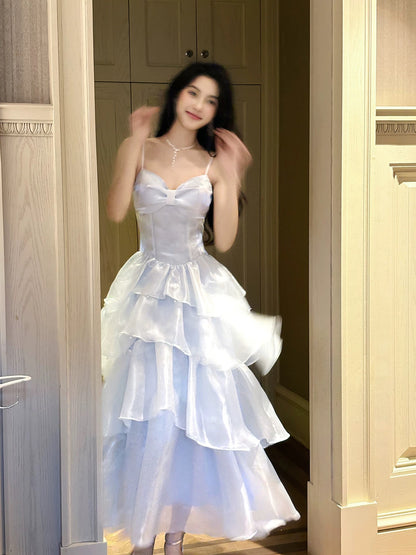 Simple A Line Spaghetti Straps Blue Inspiration Long Wedding Party Guest Dresses N2065
