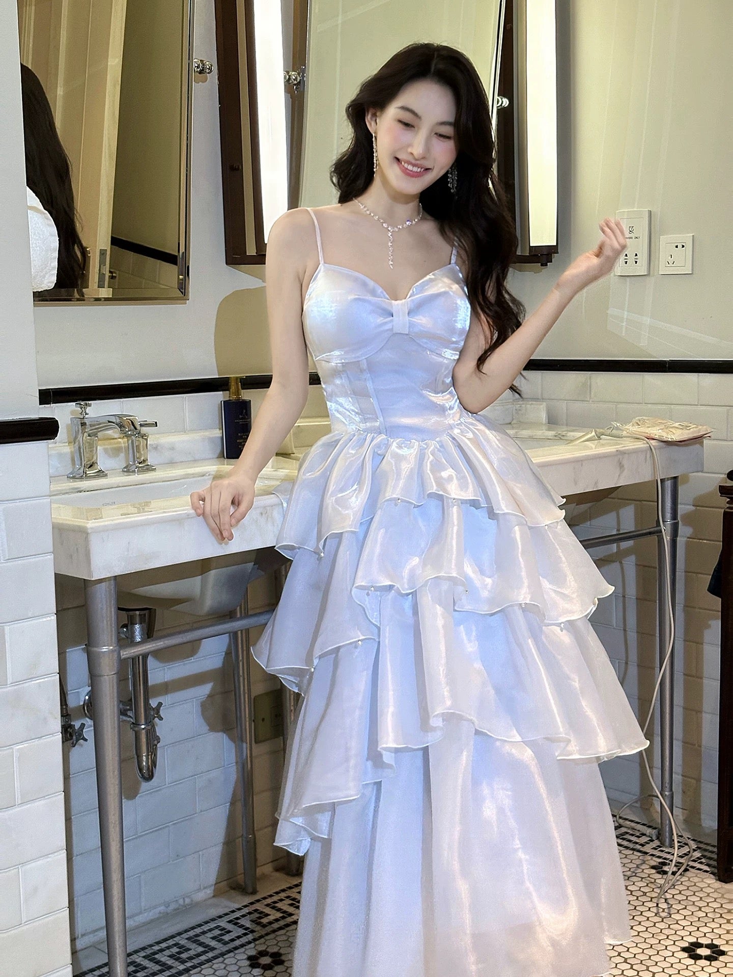 Simple A Line Spaghetti Straps Blue Inspiration Long Wedding Party Guest Dresses N2065