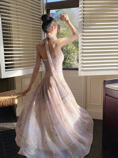 Modest French Style A Line Halter Lilac Chiffon Fashion Women Long Formal Outfits Prom Dresses N2069