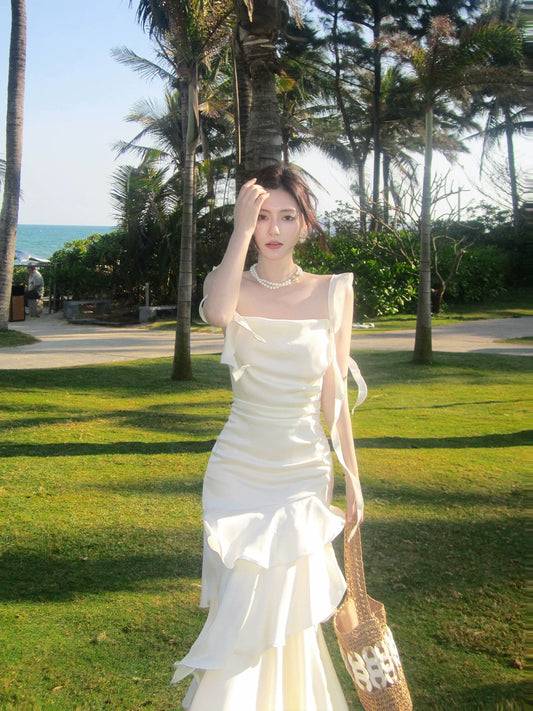 Simple Mermaid Spaghetti Straps White Inspiration Long Wedding Party Guest Dresses N2070
