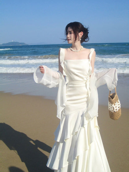 Simple Mermaid Spaghetti Straps White Inspiration Long Wedding Party Guest Dresses N2070