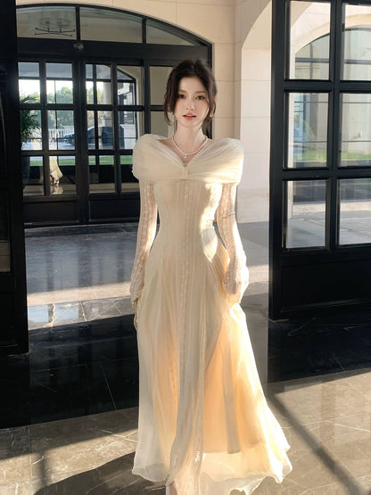 Simple A line Off The Shoulder White Lace Inspiration Long Sleeves Wedding Party Guest Dresses N2076
