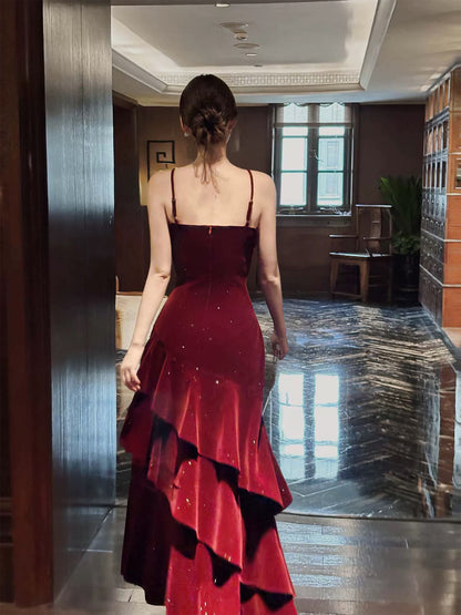 Modest French Style Mermaid Spaghetti Straps Burgundy Fashion Women Long Formal Outfits Prom Dresses N2077