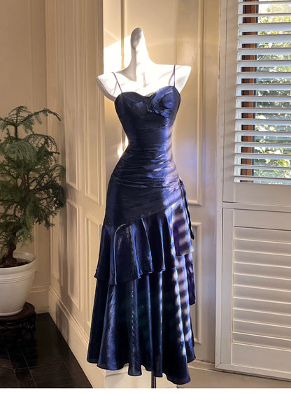 Simple Mermaid Spaghetti Straps Royal Blue Satin Inspiration Long Wedding Party Prom Guest Dresses N2080