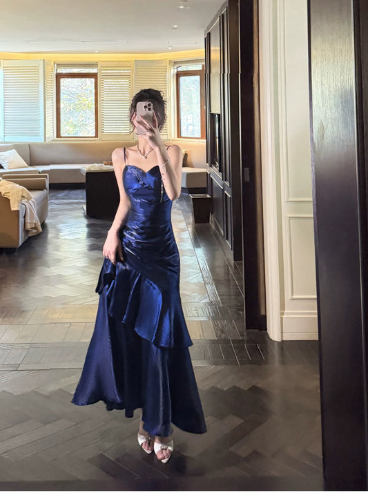 Simple Mermaid Spaghetti Straps Royal Blue Satin Inspiration Long Wedding Party Prom Guest Dresses N2080