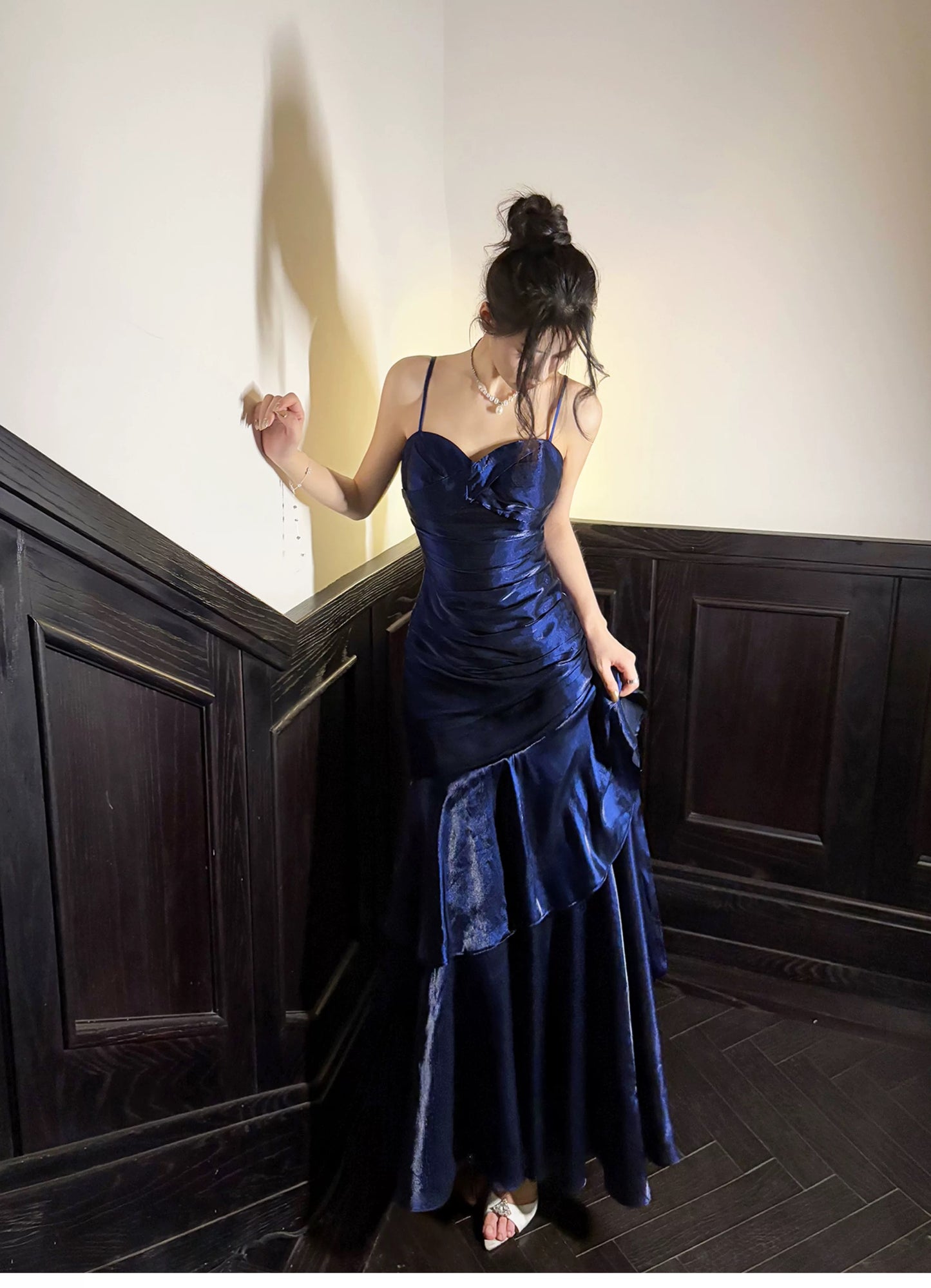Simple Mermaid Spaghetti Straps Royal Blue Satin Inspiration Long Wedding Party Prom Guest Dresses N2080