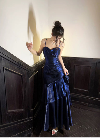 Simple Mermaid Spaghetti Straps Royal Blue Satin Inspiration Long Wedding Party Prom Guest Dresses N2080