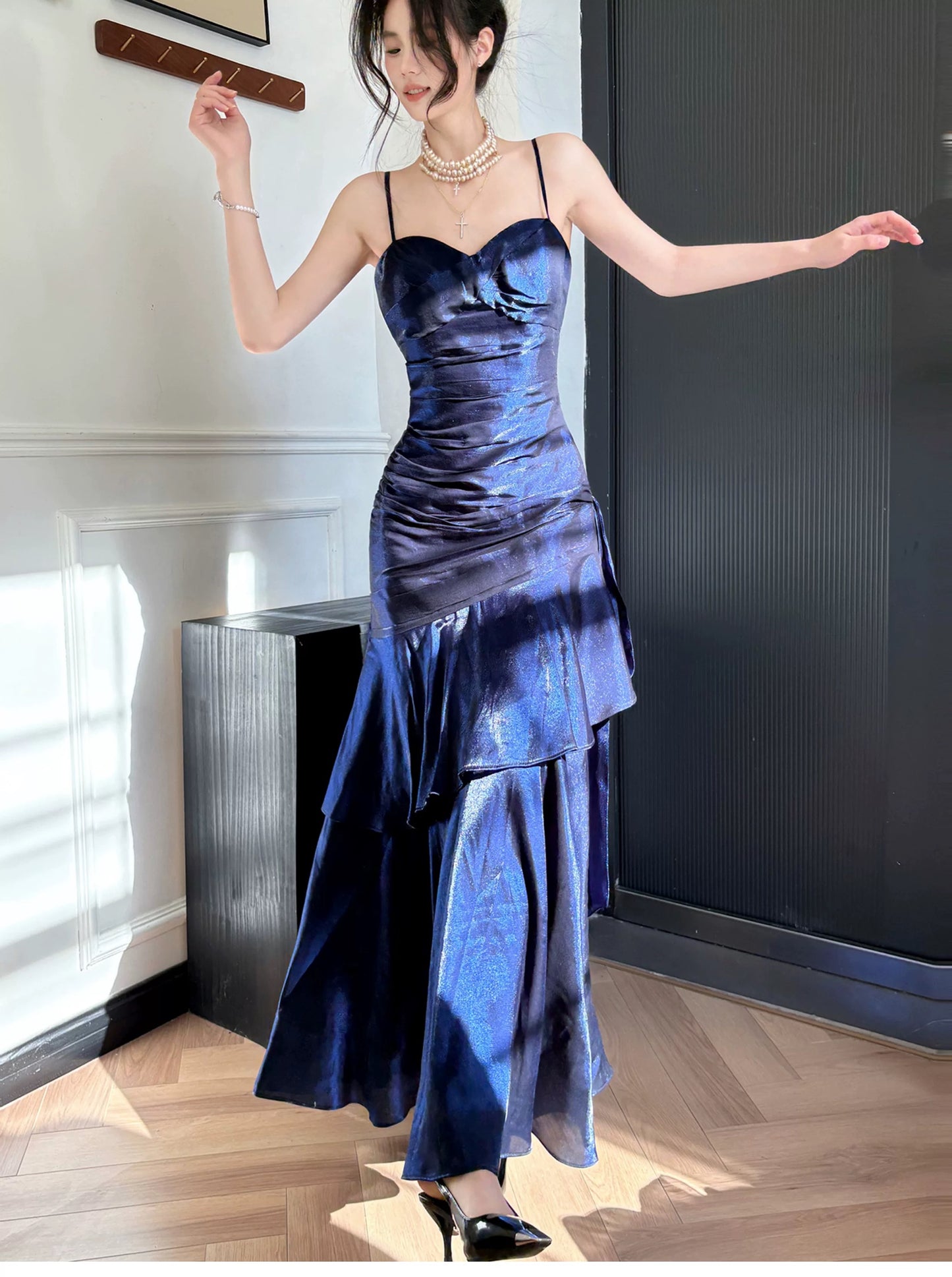 Simple Mermaid Spaghetti Straps Royal Blue Satin Inspiration Long Wedding Party Prom Guest Dresses N2080