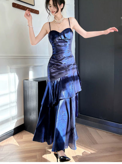 Simple Mermaid Spaghetti Straps Royal Blue Satin Inspiration Long Wedding Party Prom Guest Dresses N2080