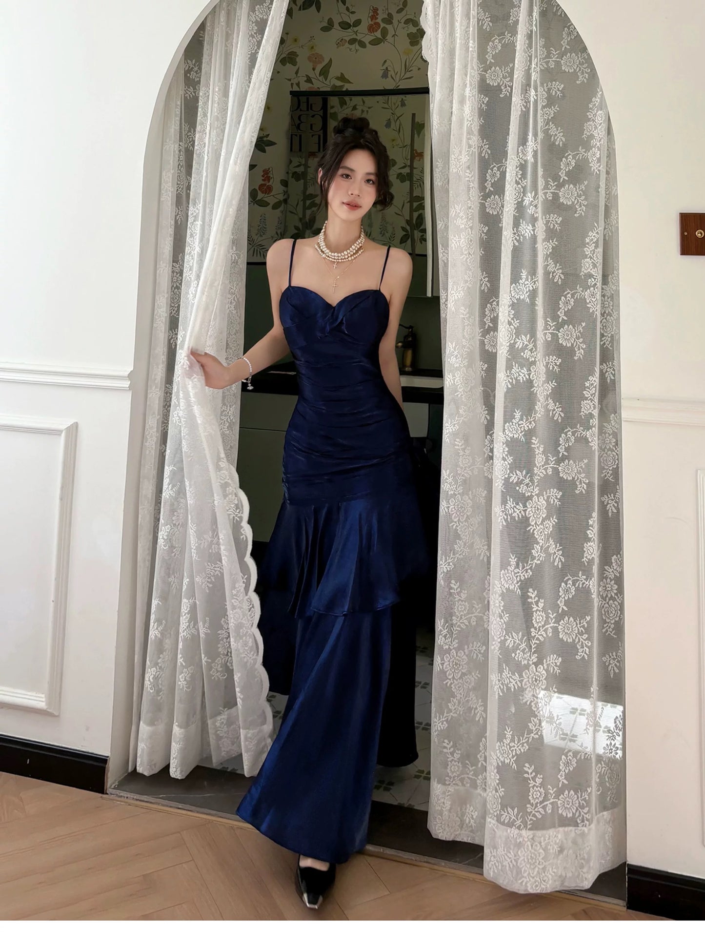 Simple Mermaid Spaghetti Straps Royal Blue Satin Inspiration Long Wedding Party Prom Guest Dresses N2080