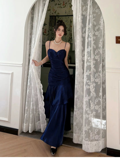 Simple Mermaid Spaghetti Straps Royal Blue Satin Inspiration Long Wedding Party Prom Guest Dresses N2080