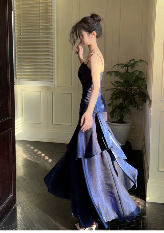 Simple Mermaid Spaghetti Straps Royal Blue Satin Inspiration Long Wedding Party Prom Guest Dresses N2080