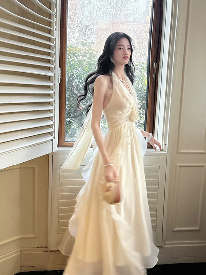Simple A line Halter Chiffon Ivory Inspiration Long Wedding Party Prom Guest Dresses N2082