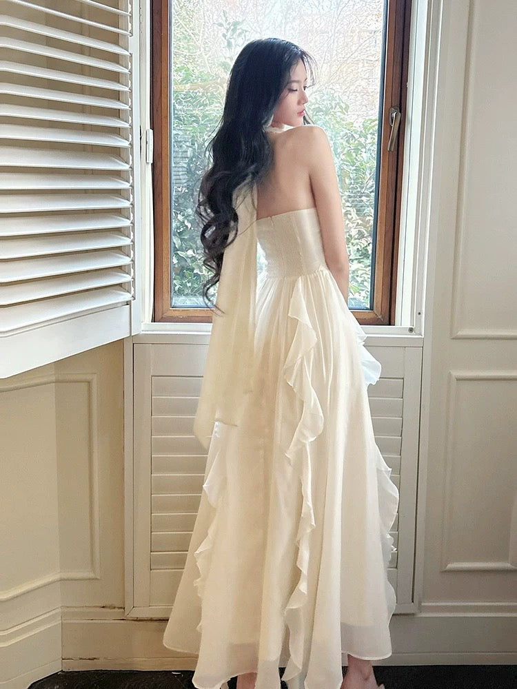 Simple A line Halter Chiffon Ivory Inspiration Long Wedding Party Prom Guest Dresses N2082