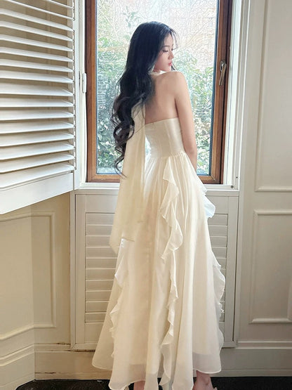 Simple A line Halter Chiffon Ivory Inspiration Long Wedding Party Prom Guest Dresses N2082