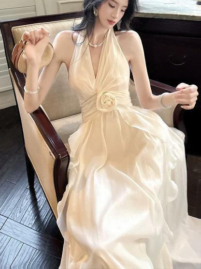 Simple A line Halter Chiffon Ivory Inspiration Long Wedding Party Prom Guest Dresses N2082
