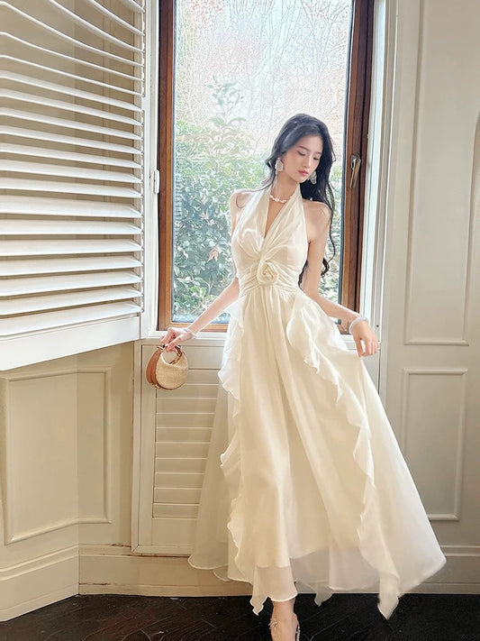 Simple A line Halter Chiffon Ivory Inspiration Long Wedding Party Prom Guest Dresses N2082