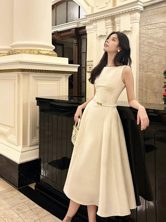 Modest French Style A line Scoop Satin Fashion Women Long Formal Outfits Prom Dresses N2083
