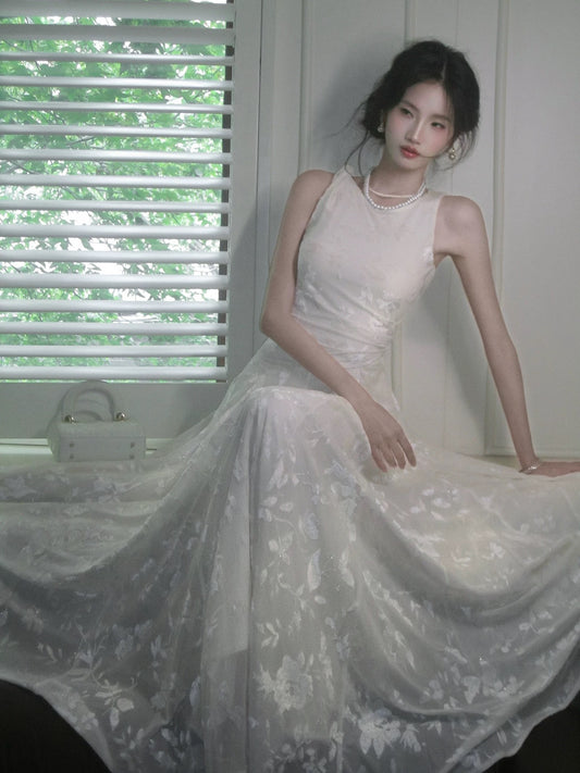 Simple A line Scoop White Lace Inspiration Long Wedding Party Prom Guest Dresses N2085
