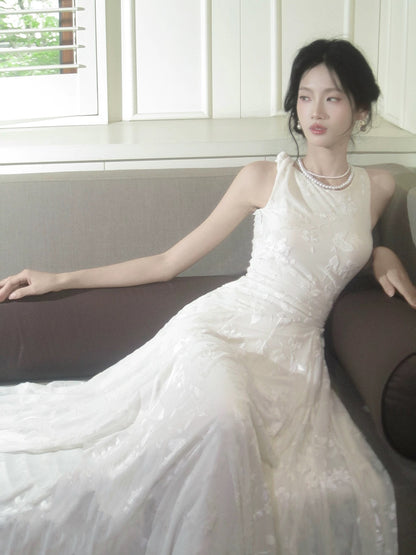 Simple A line Scoop White Lace Inspiration Long Wedding Party Prom Guest Dresses N2085