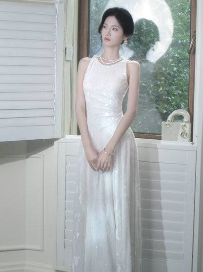 Simple A line Scoop White Lace Inspiration Long Wedding Party Prom Guest Dresses N2085