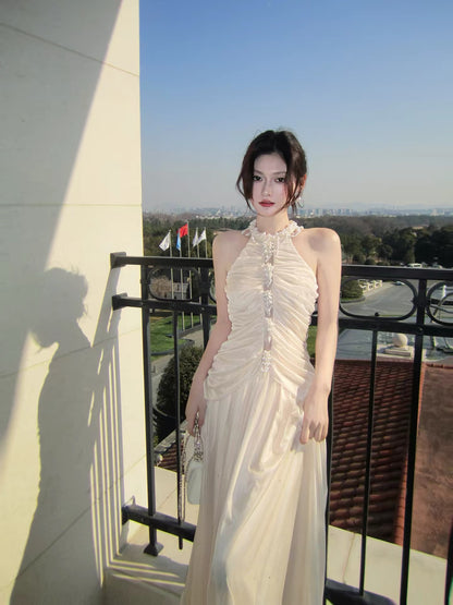 Simple A Line Halter Chiffon Pleated Inspiration Long Wedding Party Guest Dresses N2089