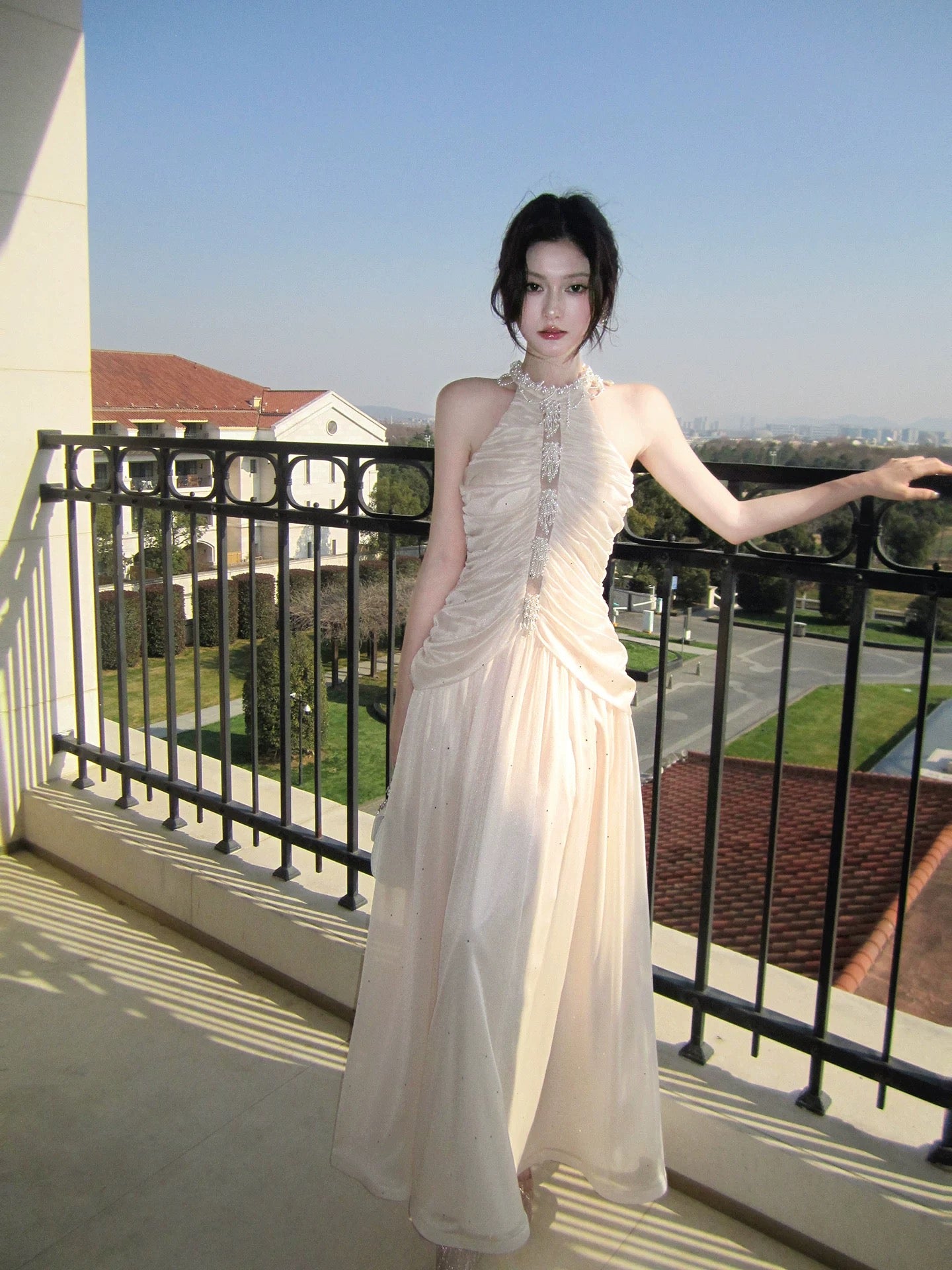 Simple A Line Halter Chiffon Pleated Inspiration Long Wedding Party Guest Dresses N2089