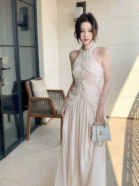 Simple A Line Halter Chiffon Pleated Inspiration Long Wedding Party Guest Dresses N2089
