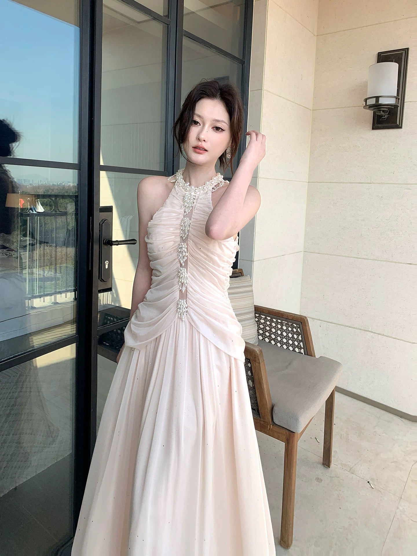 Simple A Line Halter Chiffon Pleated Inspiration Long Wedding Party Guest Dresses N2089