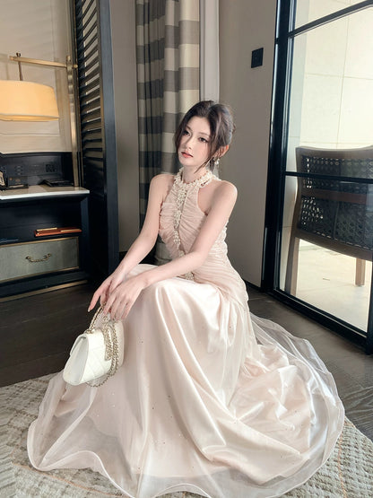 Simple A Line Halter Chiffon Pleated Inspiration Long Wedding Party Guest Dresses N2089