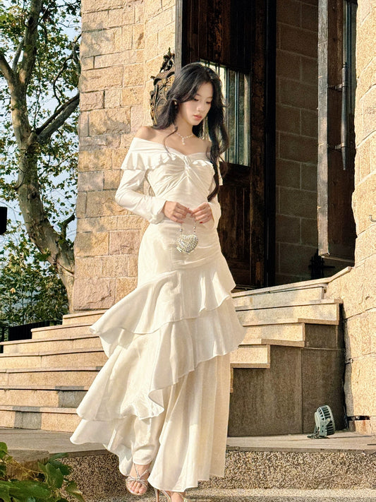 Modest French Style Mermaid Off The Shoulder White Fashion Women Long Formal Outfits Prom Dresses N2090
