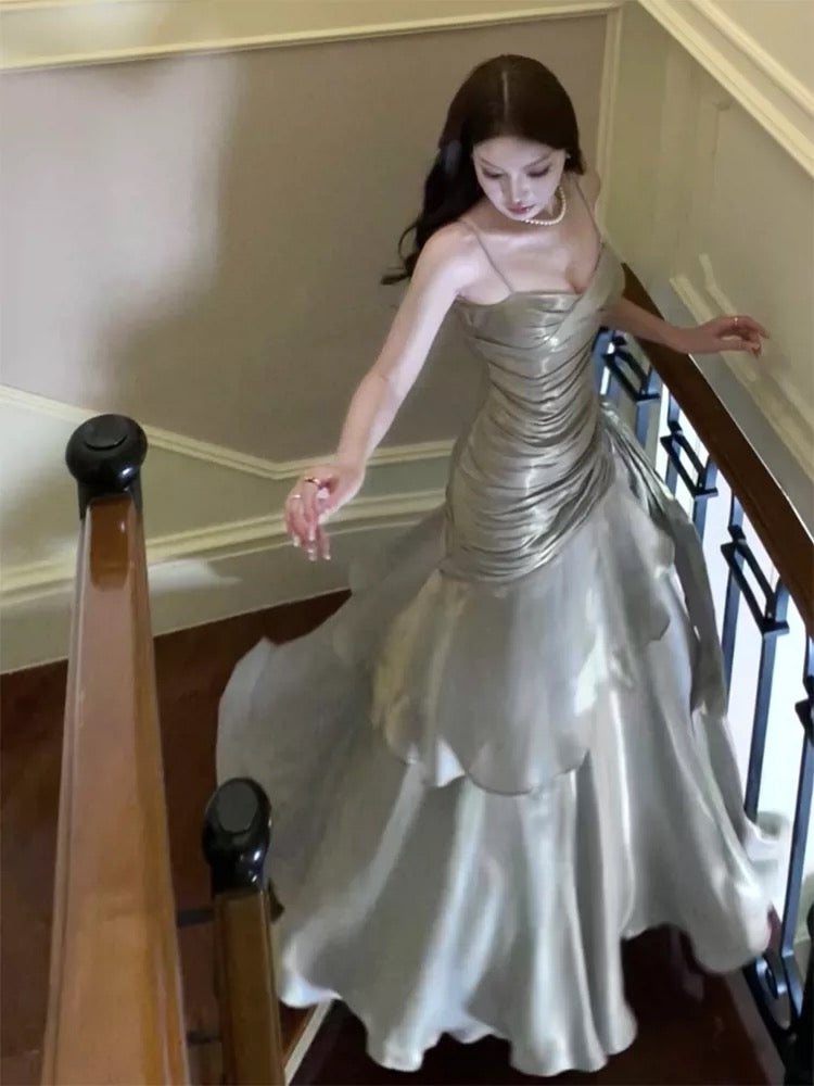 Simple Mermaid Spaghetti Straps Satin Inspiration Long Wedding Party Prom Guest Dresses N2091