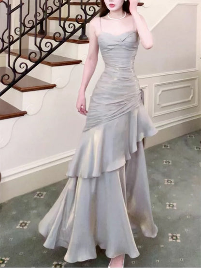Simple Mermaid Spaghetti Straps Satin Inspiration Long Wedding Party Prom Guest Dresses N2091
