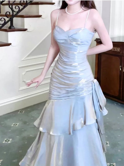 Simple Mermaid Spaghetti Straps Satin Inspiration Long Wedding Party Prom Guest Dresses N2091