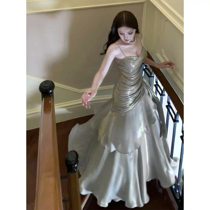 Simple Mermaid Spaghetti Straps Satin Inspiration Long Wedding Party Prom Guest Dresses N2091
