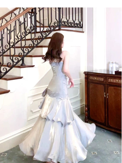 Simple Mermaid Spaghetti Straps Satin Inspiration Long Wedding Party Prom Guest Dresses N2091