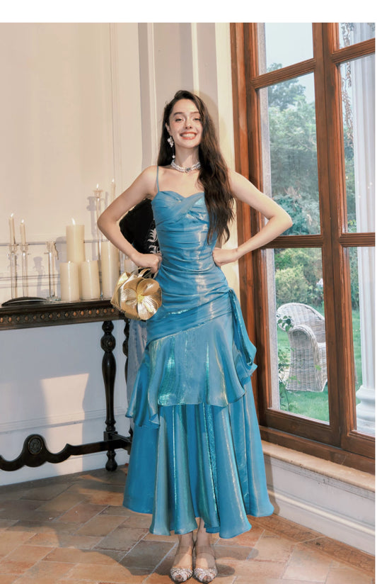 Simple Mermaid Spaghetti Straps Blue Satin Inspiration Long Wedding Party Prom Guest Dresses N2092