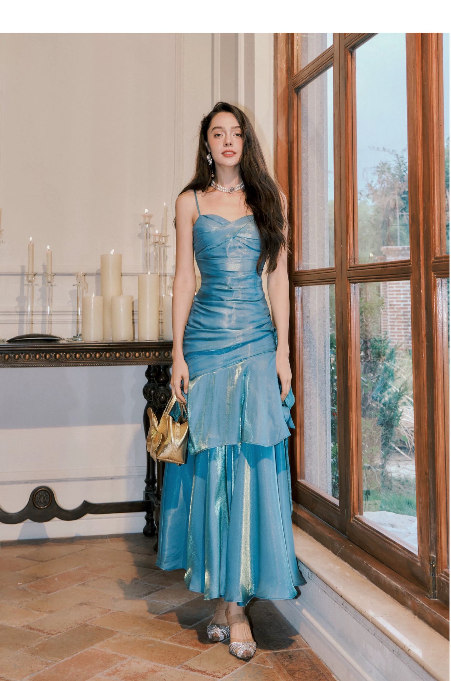 Simple Mermaid Spaghetti Straps Blue Satin Inspiration Long Wedding Party Prom Guest Dresses N2092