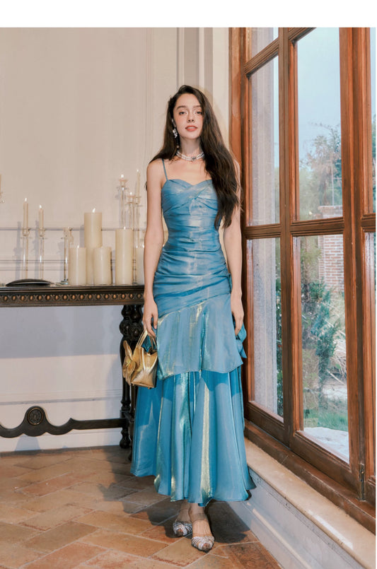 Simple Mermaid Spaghetti Straps Blue Satin Inspiration Long Wedding Party Prom Guest Dresses N2092