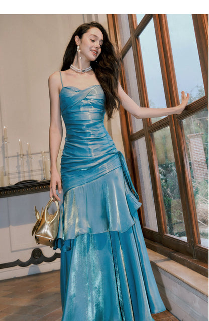 Simple Mermaid Spaghetti Straps Blue Satin Inspiration Long Wedding Party Prom Guest Dresses N2092