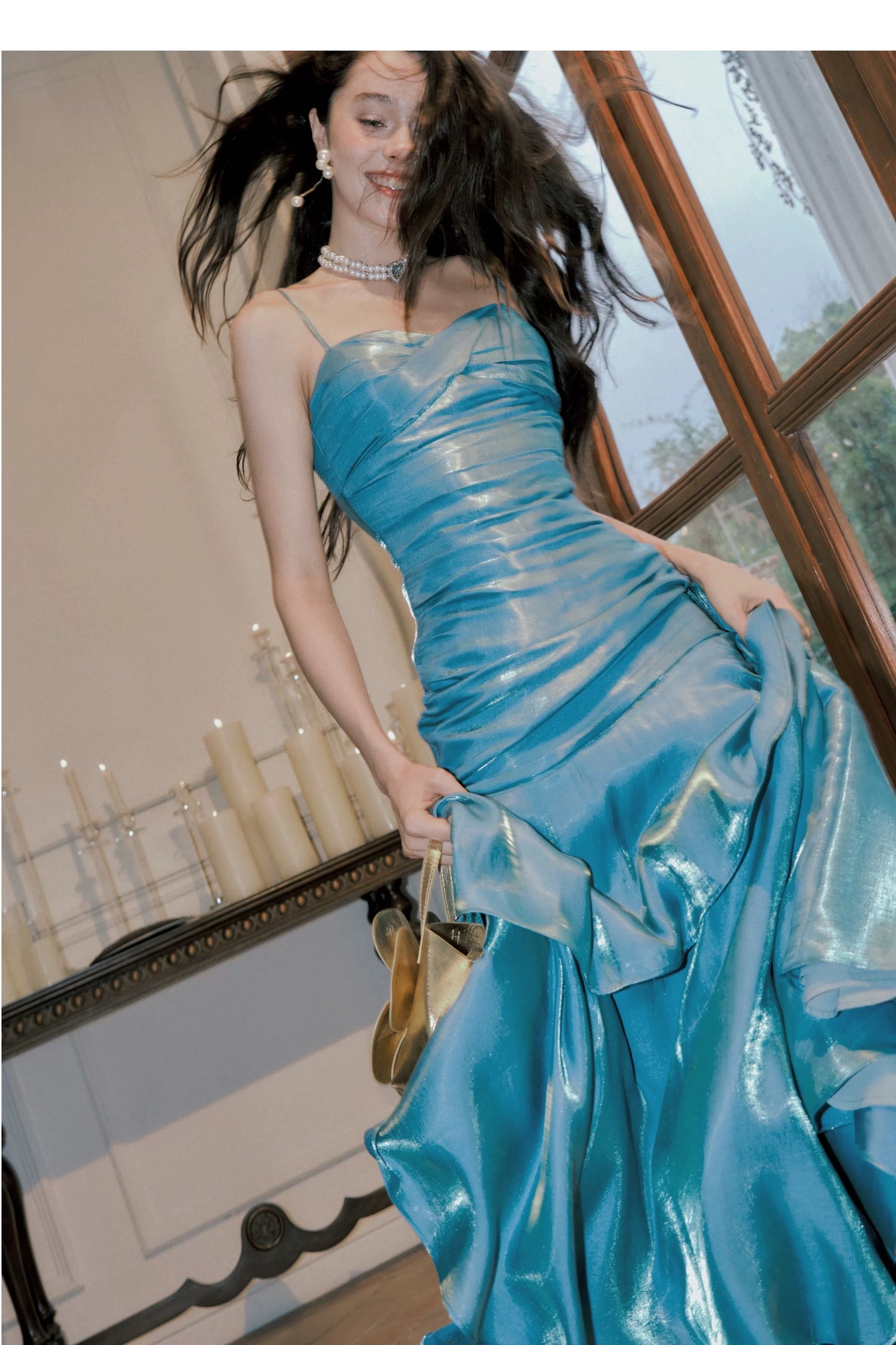 Simple Mermaid Spaghetti Straps Blue Satin Inspiration Long Wedding Party Prom Guest Dresses N2092