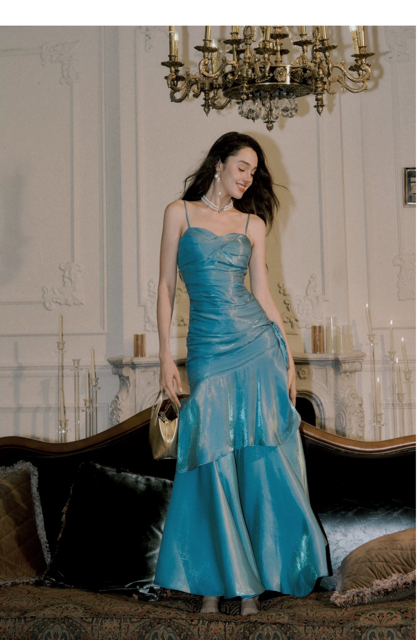 Simple Mermaid Spaghetti Straps Blue Satin Inspiration Long Wedding Party Prom Guest Dresses N2092