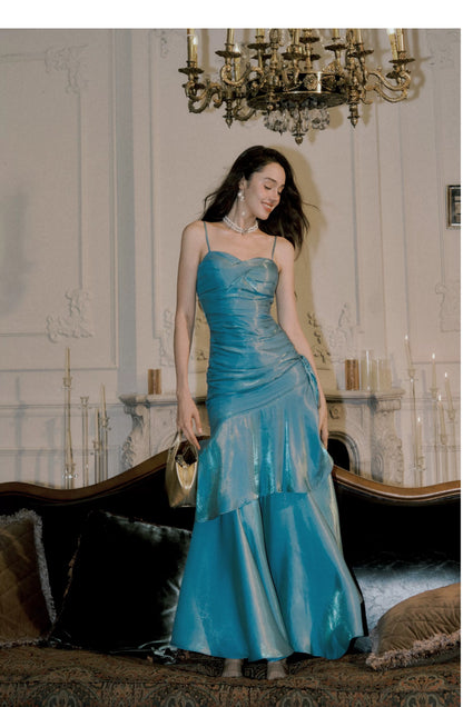 Simple Mermaid Spaghetti Straps Blue Satin Inspiration Long Wedding Party Prom Guest Dresses N2092