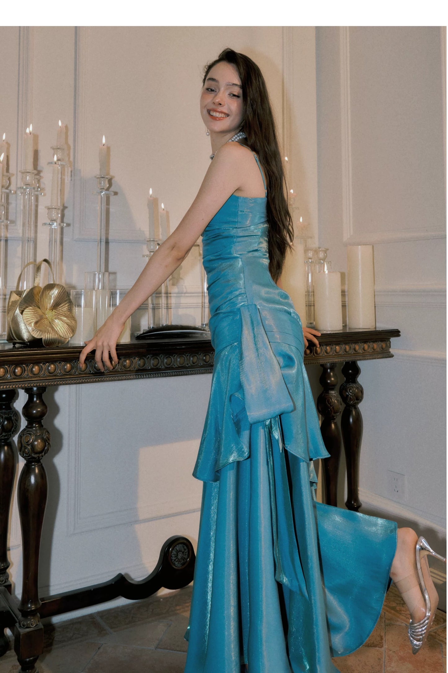 Simple Mermaid Spaghetti Straps Blue Satin Inspiration Long Wedding Party Prom Guest Dresses N2092