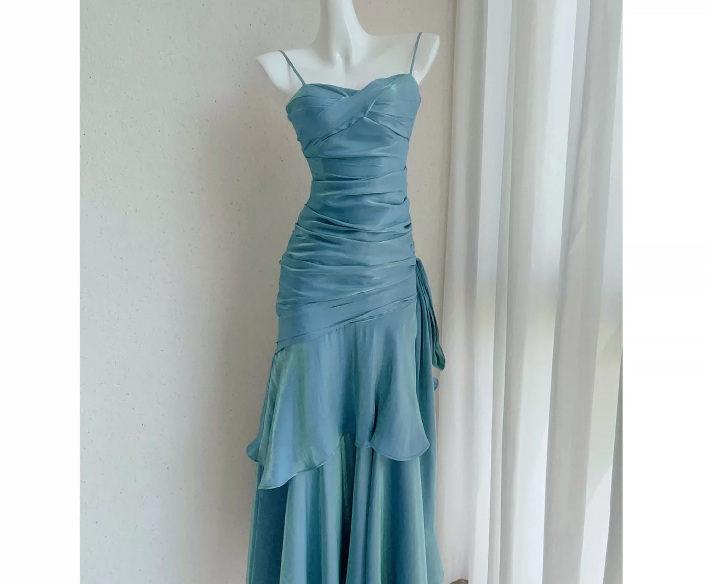 Simple Mermaid Spaghetti Straps Blue Satin Inspiration Long Wedding Party Prom Guest Dresses N2092