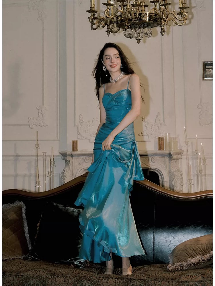 Simple Mermaid Spaghetti Straps Blue Satin Inspiration Long Wedding Party Prom Guest Dresses N2092